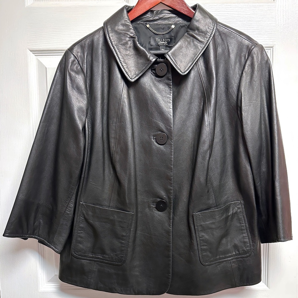 NWT Talbots Genuine Black Leather Swing Coat Jacket Size 18W Petite 3/4 Sleeves